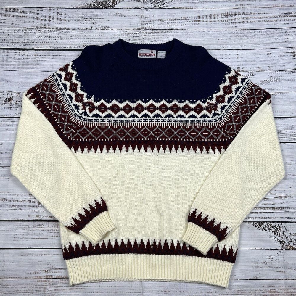 VTG 70s Classic Directions Sweater Fair Isle Pullover Winter Red Blue Ivory Sz L